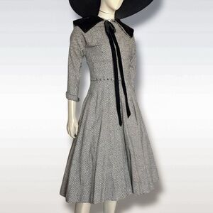 1950s PRINCESS Dress Black & White Houndstooth Wool Velvet Collar Coat Jacket